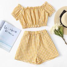 Shein Off Shoulder Plaid Crop Top With Shorts