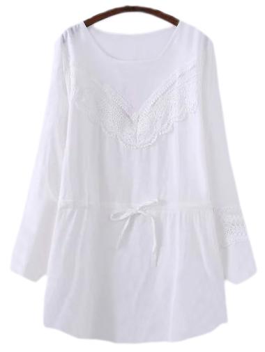 Shein White Long Sleeve Tie-waist Lace Splicing Blouse