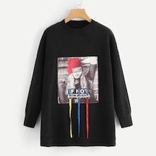 Shein Ring Detail Graphic Patched Longline Sweater