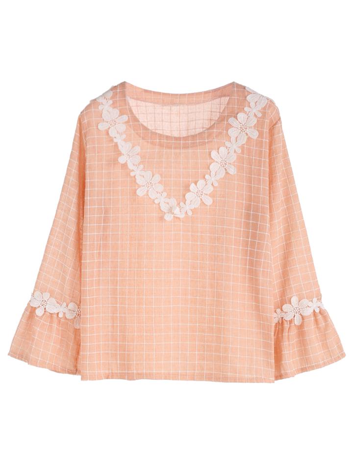 Shein Pink Grid Print Appliques Blouse