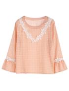 Shein Pink Grid Print Appliques Blouse
