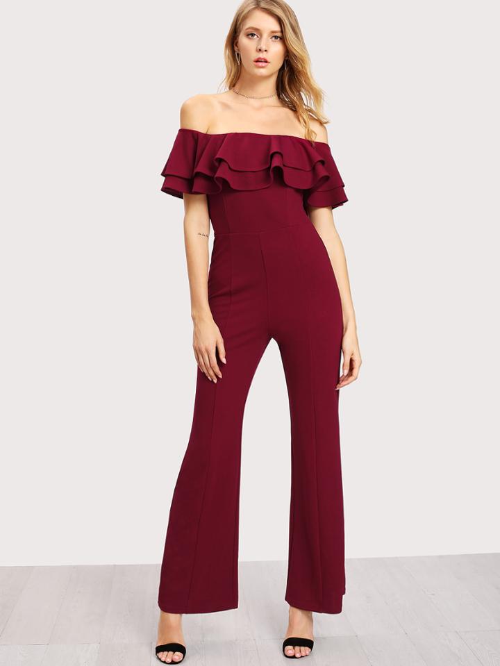 Shein Flounce Off Shoulder Flare Leg Jumpsuit