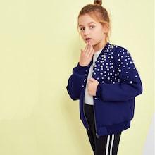 Shein Girls Pearl Beaded Zip Up Jacket