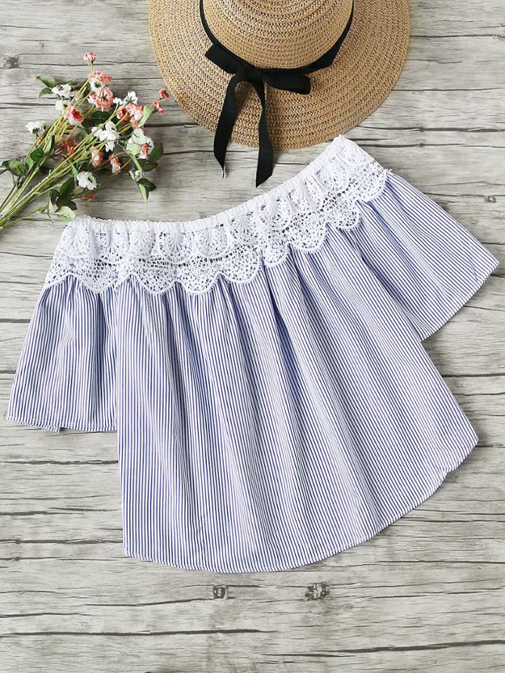 Shein Off Shoulder Lace Trim Vertical Striped Blouse