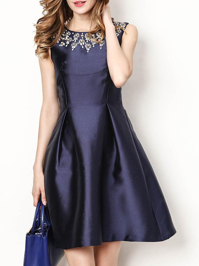 Shein Navy Crew Neck Beading A-line Dress