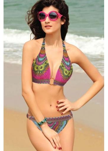 Rosewe Halter Design Flowers Print Bikini Set For Women