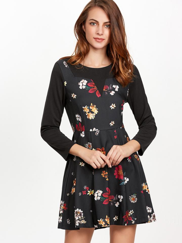 Shein Black Zipper Bcak Floral Print Pleated Dress