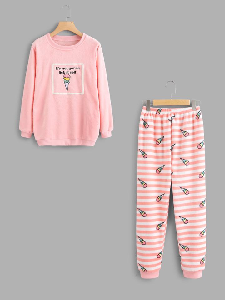 Shein Ice Cream Print Pajama Top And Stripe Pants