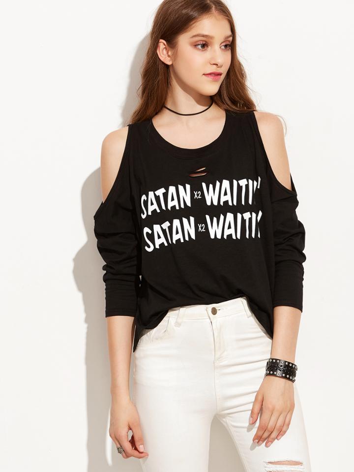 Shein Black Letter Print Open Shoulder Dip Hem T-shirt