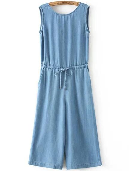 Shein Blue Sleeveless Drawstring Waist Denim Jumpsuit