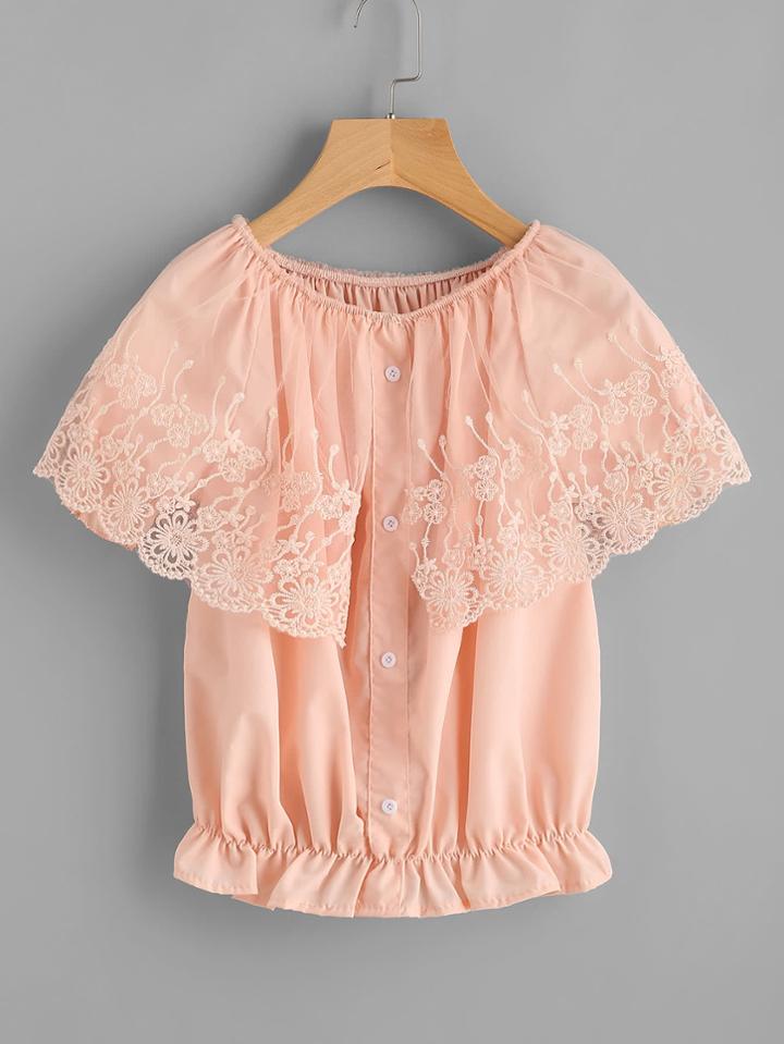 Shein Boat Neckline Embroidered Mesh Button Front Top