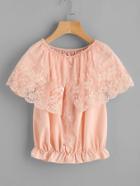 Shein Boat Neckline Embroidered Mesh Button Front Top