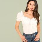 Shein Frilled Neckline Puff Sleeve Fitted Top