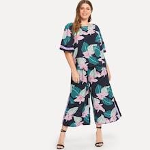 Shein Plus Striped Panel Floral Top & Culotte Pants Set