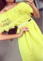 Rosewe Off The Shoulder Yellow Lace Patchwork Mini Dress