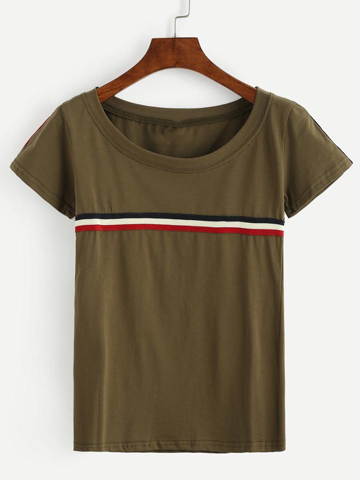 Shein Striped Tape Embellished T-shirt - Olive Green