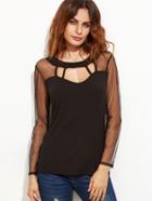 Shein Black Mesh Insert Cut Out Front Blouse