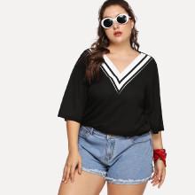 Shein Plus V Neckline Contrast Stripe Tee