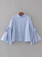 Shein Blue Band Collar Bell Sleeve Tie Detail Blouse