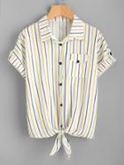 Shein Vertical Striped Knotted Front Cuffed Shirt With Chest Pocket