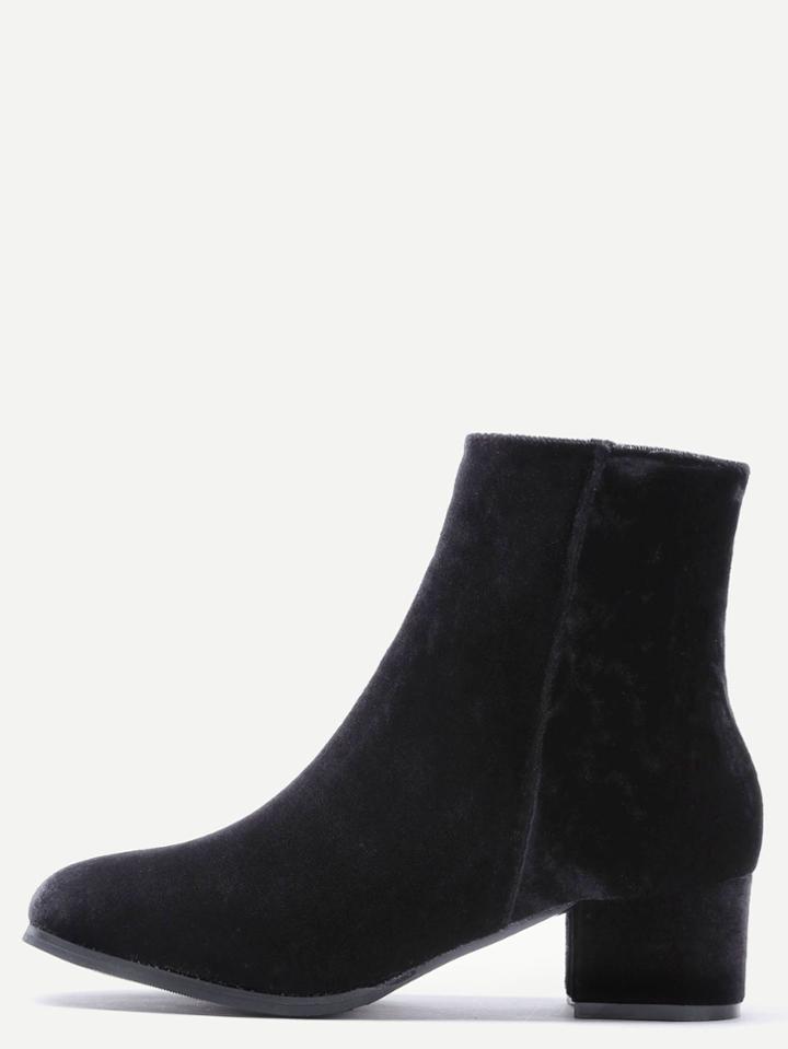 Shein Black Velvet Side Zipper Chunky Heel Booties