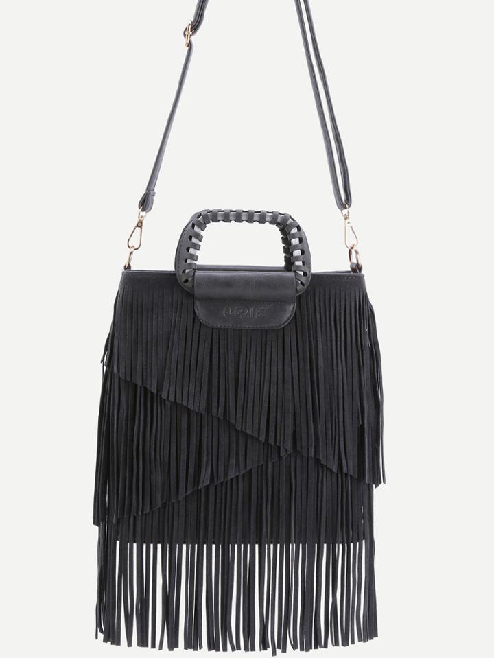 Shein Black Faux Leather Fringe Crossbody Bag With Handle