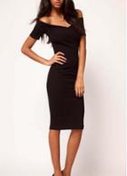 Rosewe Work Style Black Cotton Off Shoulder V Neck Dress