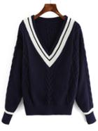 Shein Navy V Neck Striped Trim Sweater