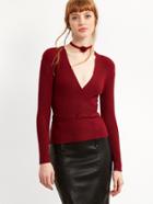 Shein Burgundy Deep V Neck Wrap Sweater