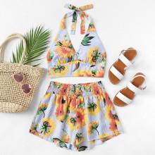 Shein Sunflower Halter Top & Wide Leg Shorts Set
