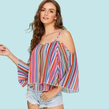 Shein Cold Shoulder Wrap Back Layered Striped Top