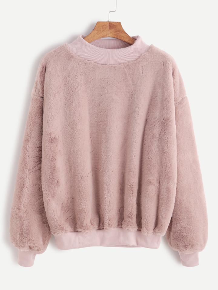 Shein Contrast Ribbed Trim Drop Shoulder Fluffy Sweatshirt