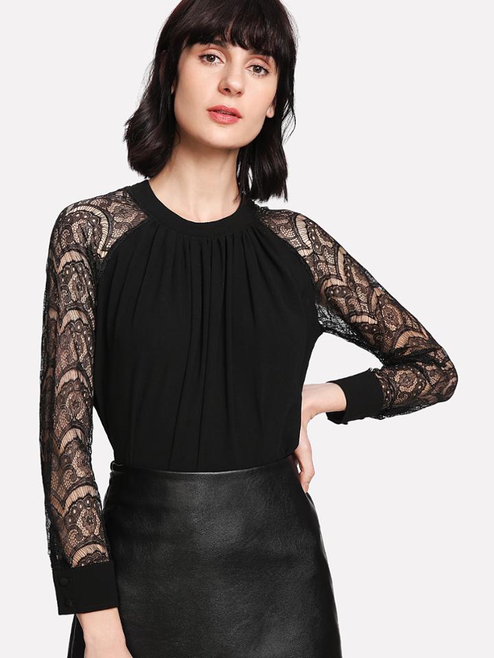 Shein Lace Contrast Sleeve Tie Back Blouse