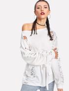 Shein Ladder Shredded Raw Trim Belted Dolman Pullover