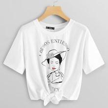Shein Knot Front Figure Letter Print Tee