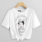 Shein Knot Front Figure Letter Print Tee