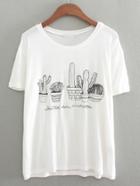 Shein Dropped Shoulders Cactus Embroidered T-shirt