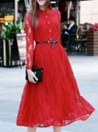 Shein Red Crew Neck Belted Lace Midi Dress