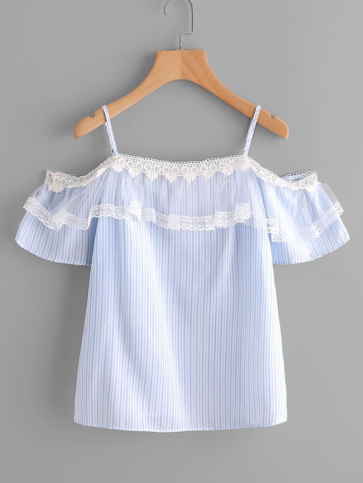 Shein Cold Shoulder Pinstripe Mesh Lace Trim Top