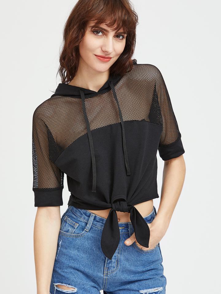 Shein Fishnet Shoulder Knot Front Crop Hoodie