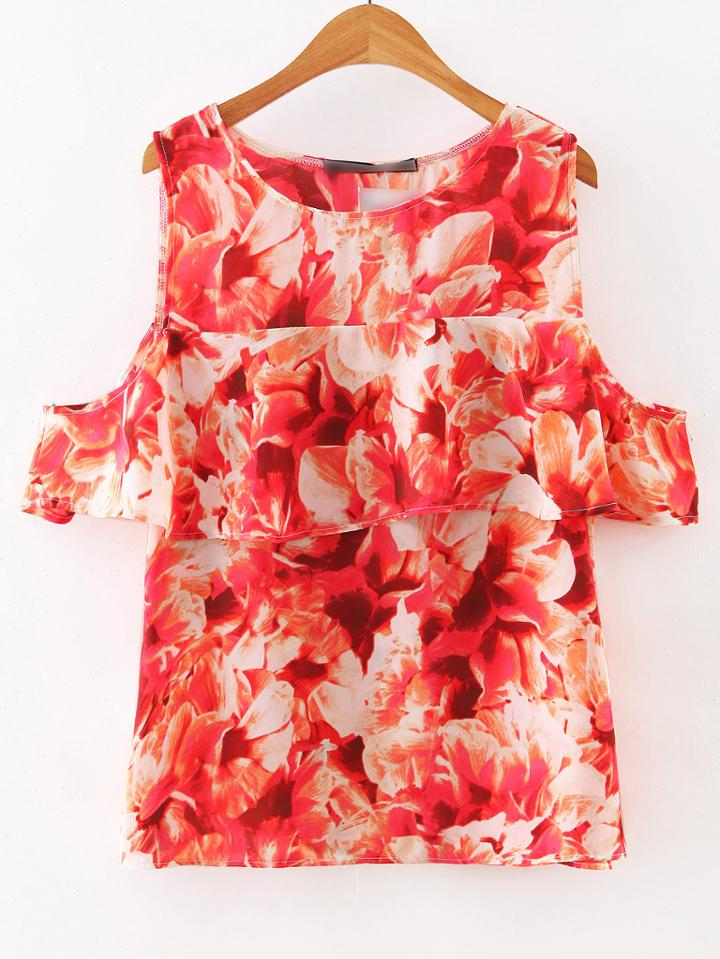 Shein Red Cold Shoulder Floral Ruffle Blouse