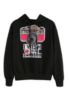 Shein Black Camera And Letters Print Hooded Sweatshirt