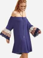 Shein Blue Off The Shoulder Crochet Trimmed Bell Sleeve Dress