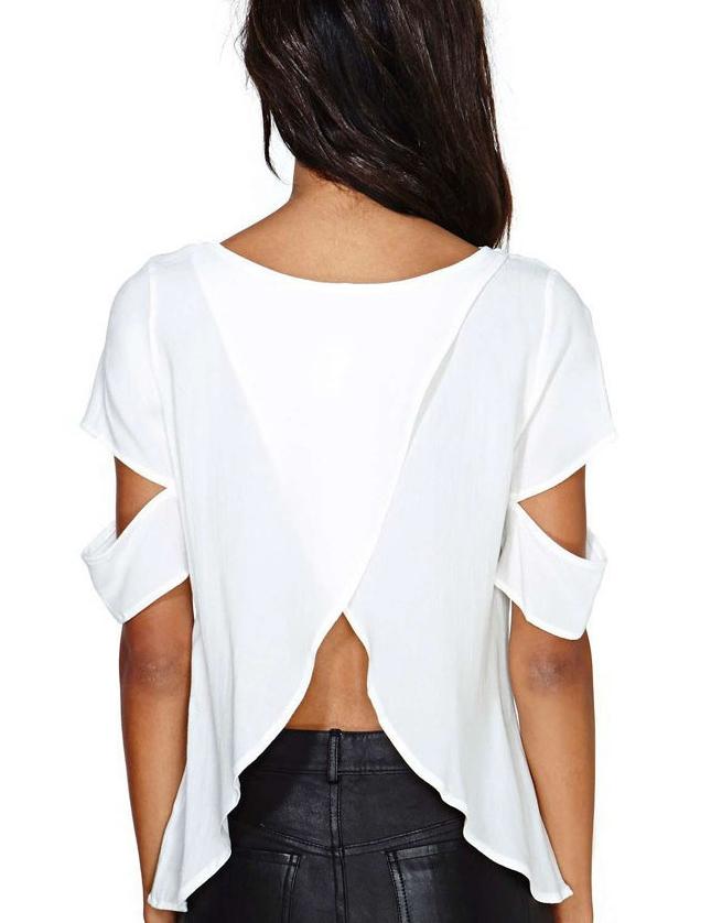 Shein White Cut Out Style Short Sleeve Chiffon Blouse