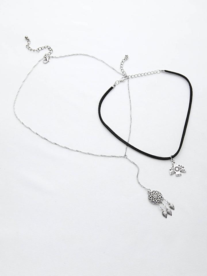 Shein Dreamcatcher Shaped Pendant Necklace Set 2pcs