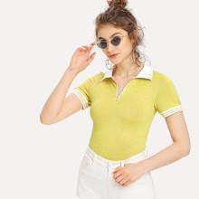 Shein Zip Placket Striped Trim Fitted T-shirt