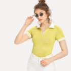 Shein Zip Placket Striped Trim Fitted T-shirt