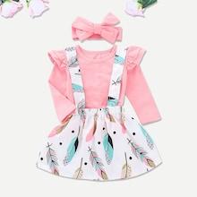 Shein Toddler Girls Frill Tee & Leaf Print Pinafore & Headband