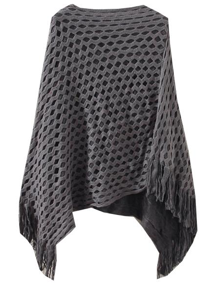 Shein Grey Diamond Patterned Tassel Cape Sweater