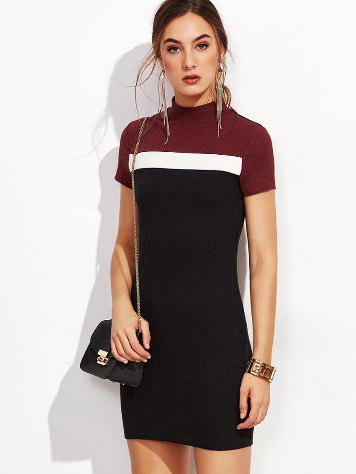 Shein Color Block Mock Neck Ribbed Bodycon Dress